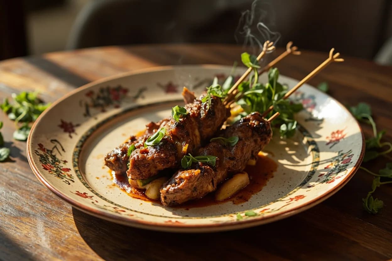 Arrosticini — lamb skewers threaded on the thin wooden spiedo and grilled over the long narrow fornacella, the social dish of the Abruzzese hills.