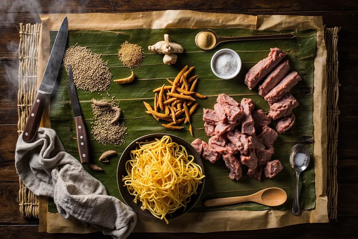 Mise en place for Acehnese (Indonesia): the staple ingredients and key tools of the tradition laid out on the cook's board.