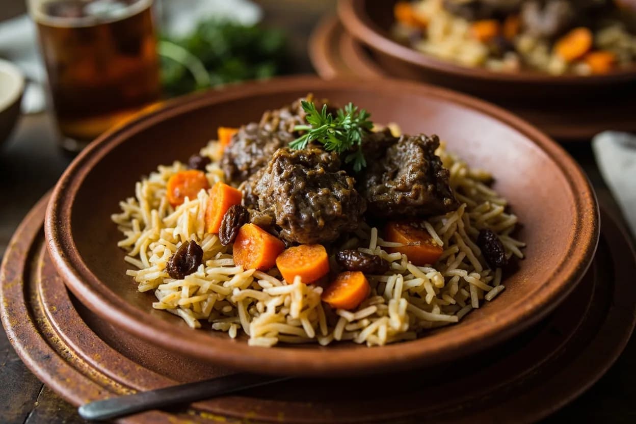 qabuli palau (lamb and fragrant rice with carrots and raisins) — a signature plate from Afghan cuisine, prepared in the regional style.