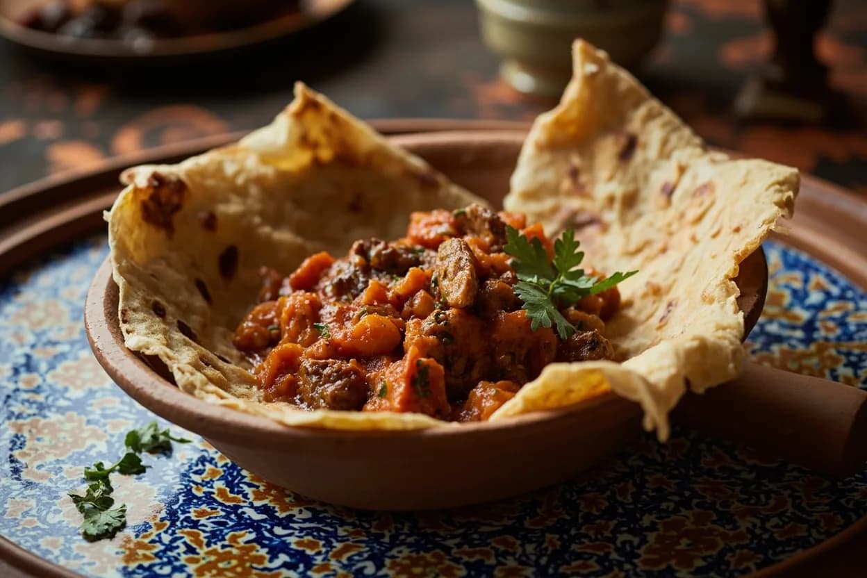 chakhchoukha (torn flatbread in merguez-tomato stew) — a signature plate from Algerian cuisine, prepared in the regional style.
