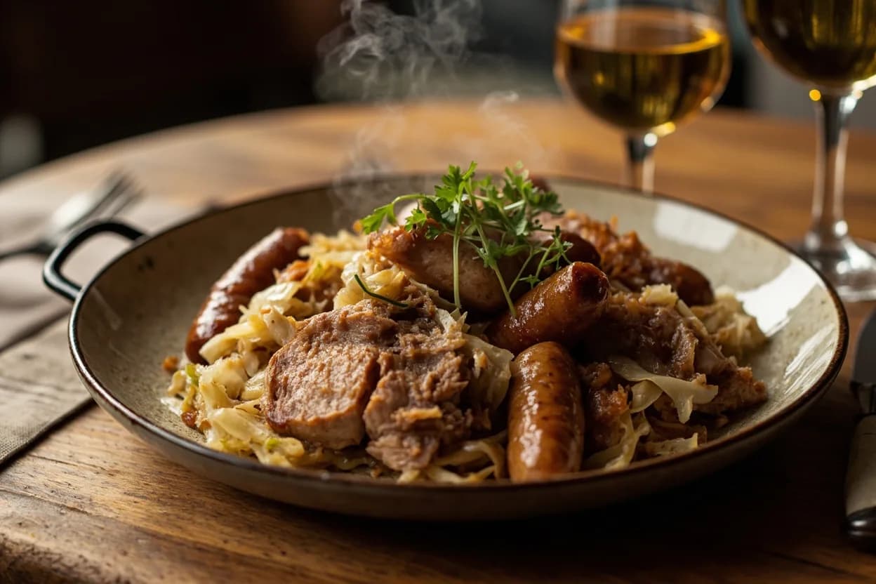 Choucroute Garnie (sauerkraut with assorted pork and sausages) — a signature plate from Alsatian cuisine, prepared in the regional style.