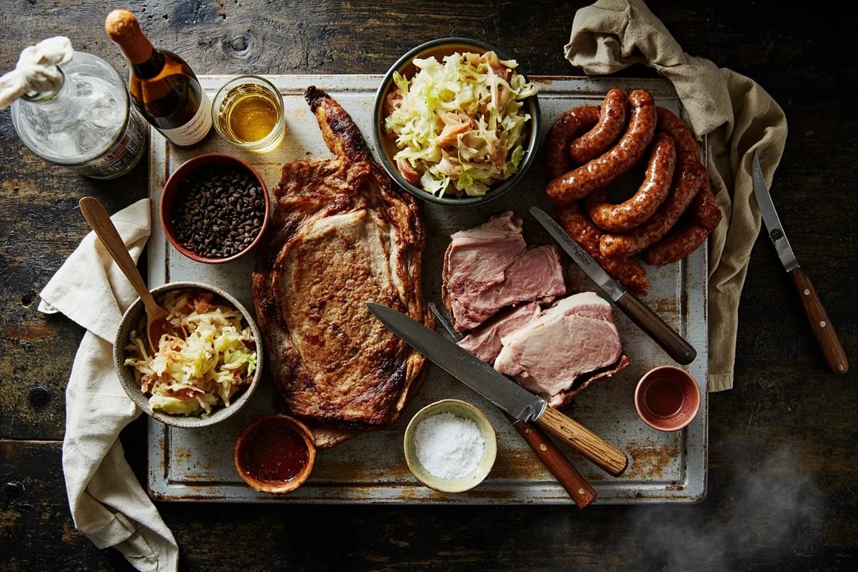 Mise en place for Alsatian: the staple ingredients and key tools of the tradition laid out on the cook's board.
