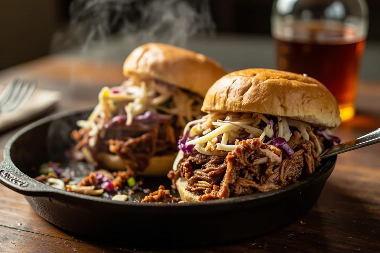 Carolina pulled pork sandwich with slaw — a signature plate from American BBQ (Regional Traditions) cuisine, prepared in the regional style.