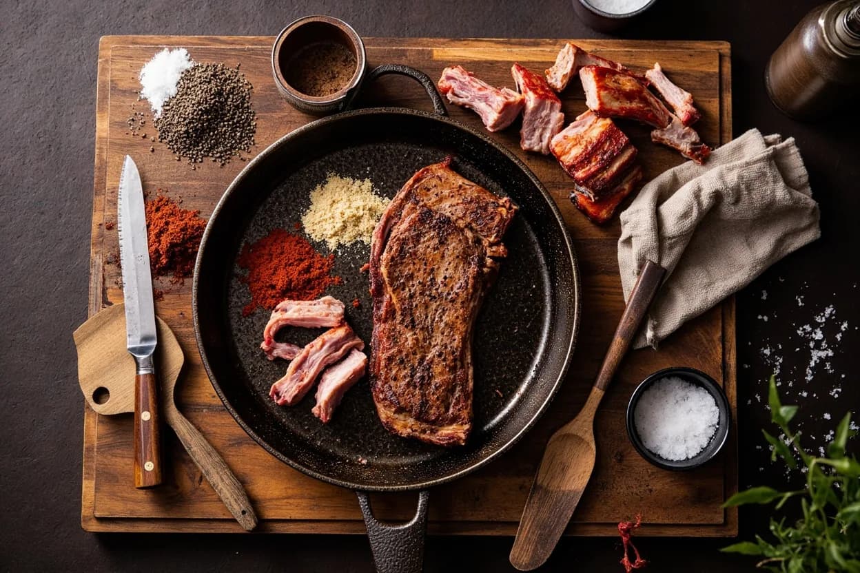 Mise en place for American BBQ (Regional Traditions): the staple ingredients and key tools of the tradition laid out on the cook's board.