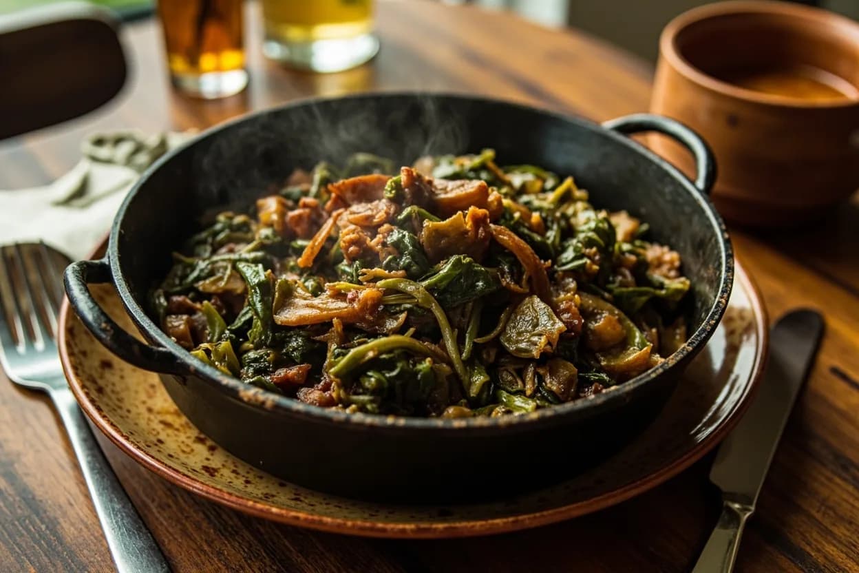 collard greens with pot likker — a signature plate from American Southern (Soul Food) cuisine, prepared in the regional style.