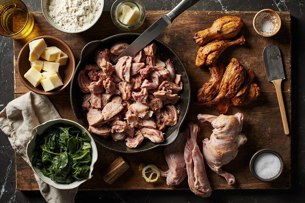 Mise en place for American Southern (Soul Food): the staple ingredients and key tools of the tradition laid out on the cook's board.