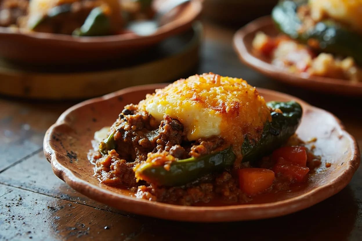 rocoto relleno (rocoto chile stuffed with spiced ground beef, egg, cheese, and raisins, baked with a potato gratin cap) — a signature plate from Arequipeña cuisine, prepared in the regional style.