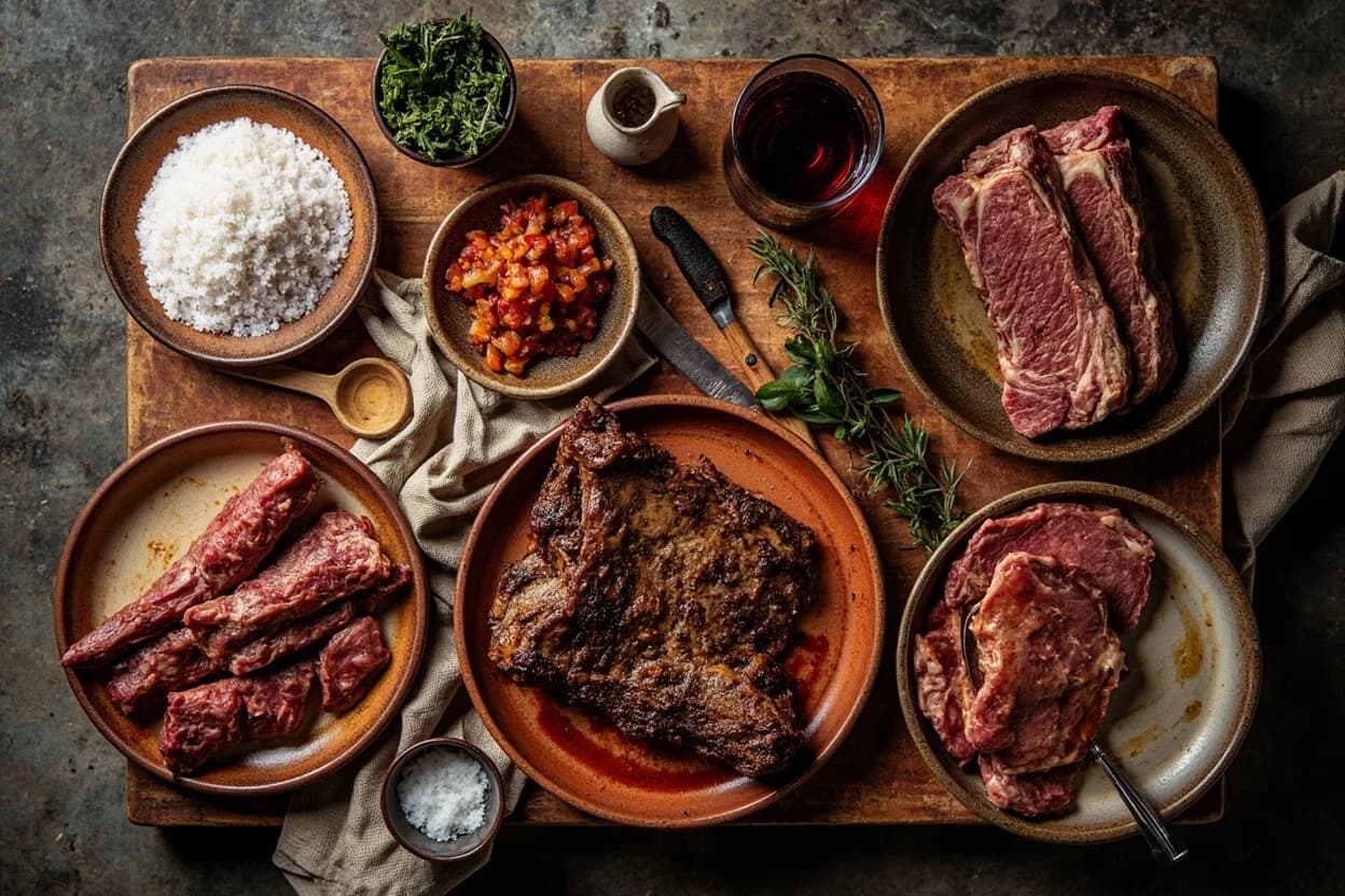 Mise en place for Argentine Asado: the staple ingredients and key tools of the tradition laid out on the cook's board.
