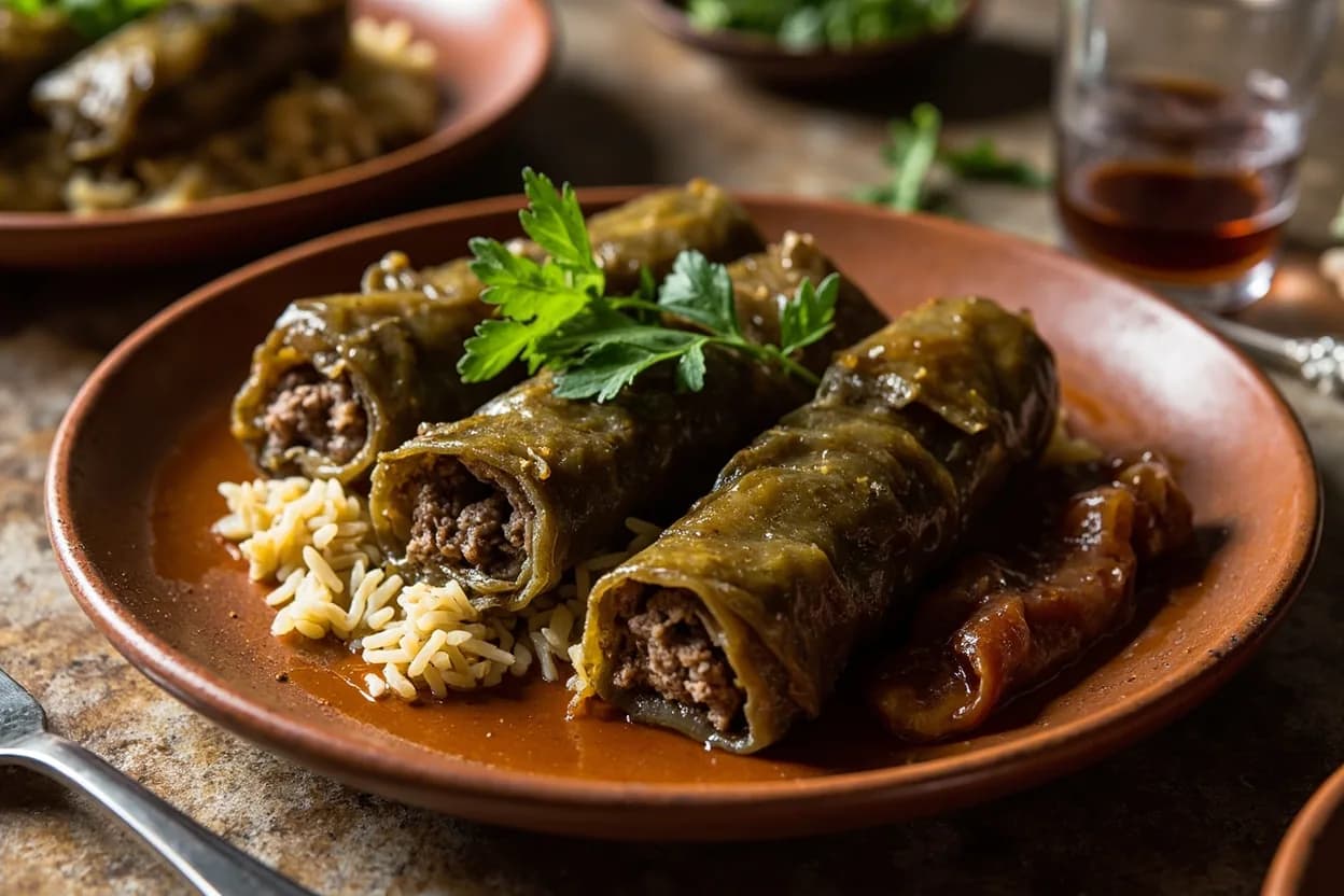 dolma (grape-leaf rolls stuffed with lamb and rice) — a signature plate from Armenian (Diaspora & Homeland) cuisine, prepared in the regional style.