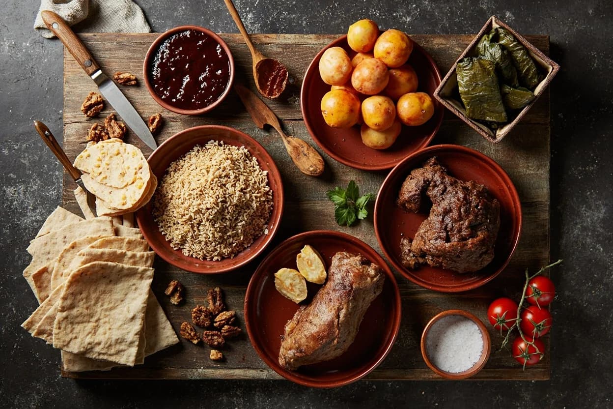 Mise en place for Armenian (Diaspora & Homeland): the staple ingredients and key tools of the tradition laid out on the cook's board.