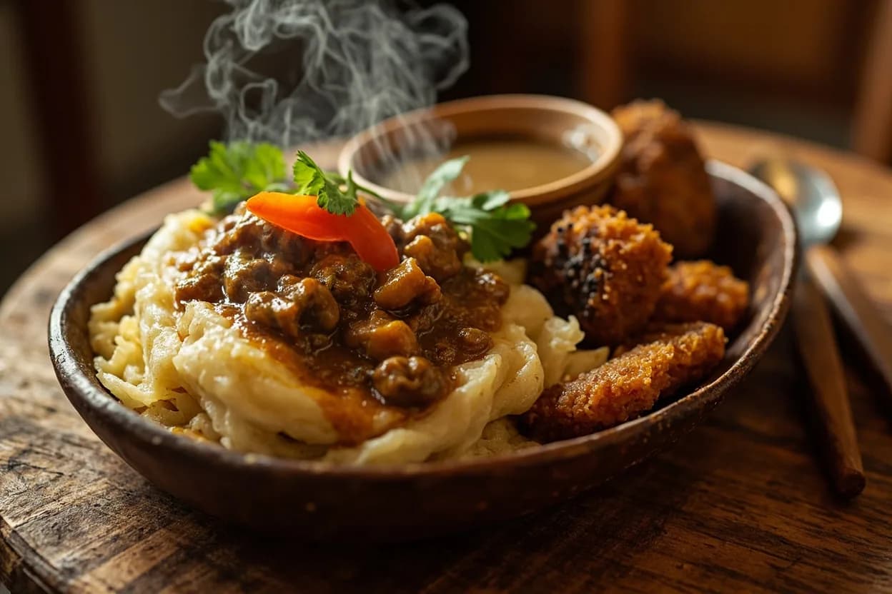 fufu with palm nut soup (abenkwan) — a signature plate from Asante (Akan Ghanaian) cuisine, prepared in the regional style.