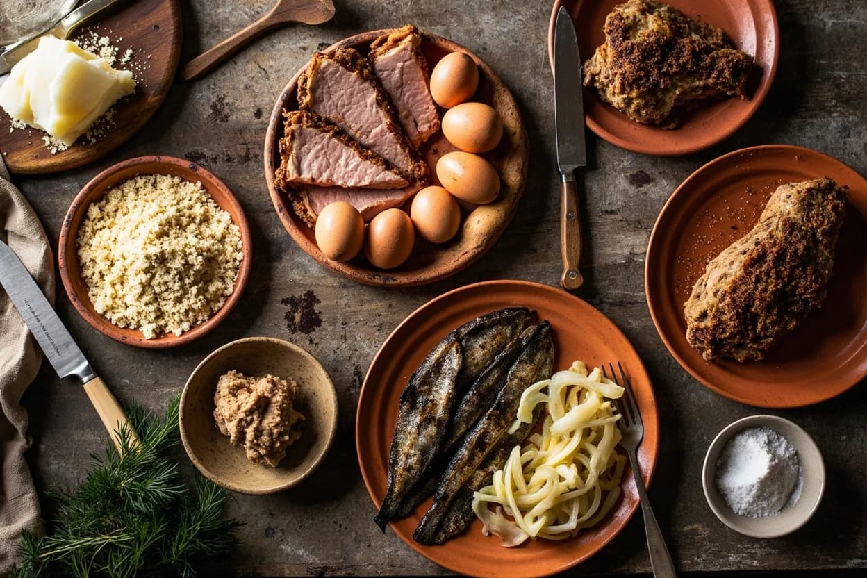 Mise en place for Ashkenazi Jewish: the staple ingredients and key tools of the tradition laid out on the cook's board.