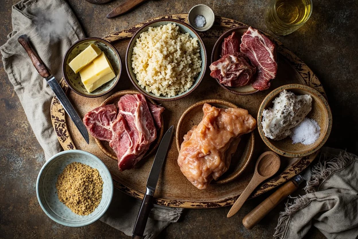 Mise en place for Austrian (Heuriger & Viennese): the staple ingredients and key tools of the tradition laid out on the cook's board.