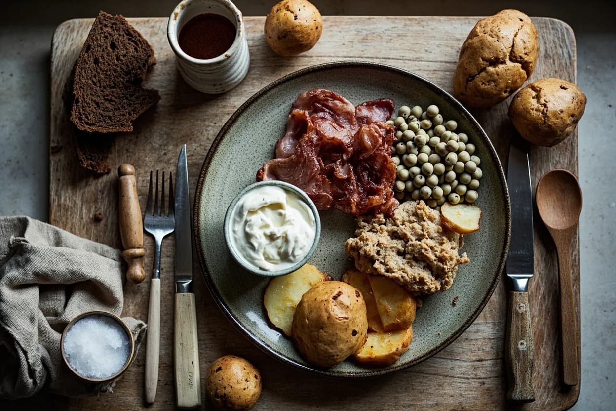 Mise en place for Baltic (Estonian, Latvian, Lithuanian): the staple ingredients and key tools of the tradition laid out on the cook's board.