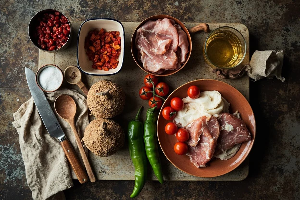 Mise en place for Basque (France): the staple ingredients and key tools of the tradition laid out on the cook's board.