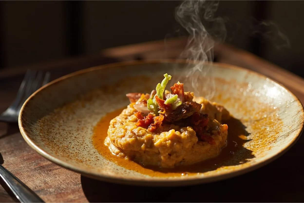 amiwo (spiced tomato-palm oil cornmeal porridge — the definitive Fon staple) — a signature plate from Beninese cuisine, prepared in the regional style.