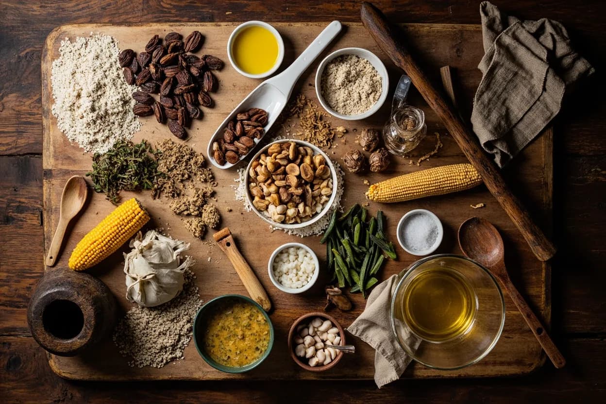 Mise en place for Beninese: the staple ingredients and key tools of the tradition laid out on the cook's board.