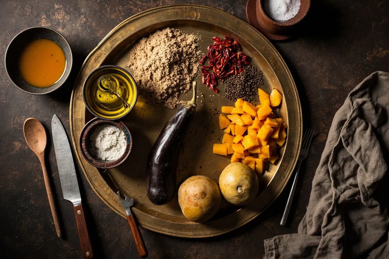 Mise en place for Bhojpuri: the staple ingredients and key tools of the tradition laid out on the cook's board.