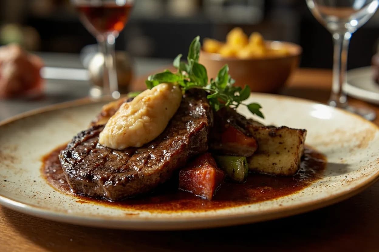 Entrecôte à la bordelaise (grilled rib steak with sauce bordelaise and bone marrow) — a signature plate from Bordelais cuisine, prepared in the regional style.