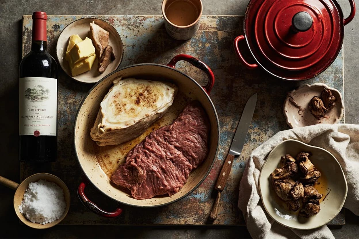 Mise en place for Bordelais: the staple ingredients and key tools of the tradition laid out on the cook's board.