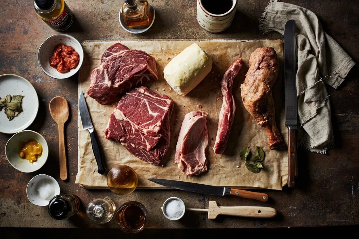 Mise en place for British Farmhouse & Pub Tradition: the staple ingredients and key tools of the tradition laid out on the cook's board.