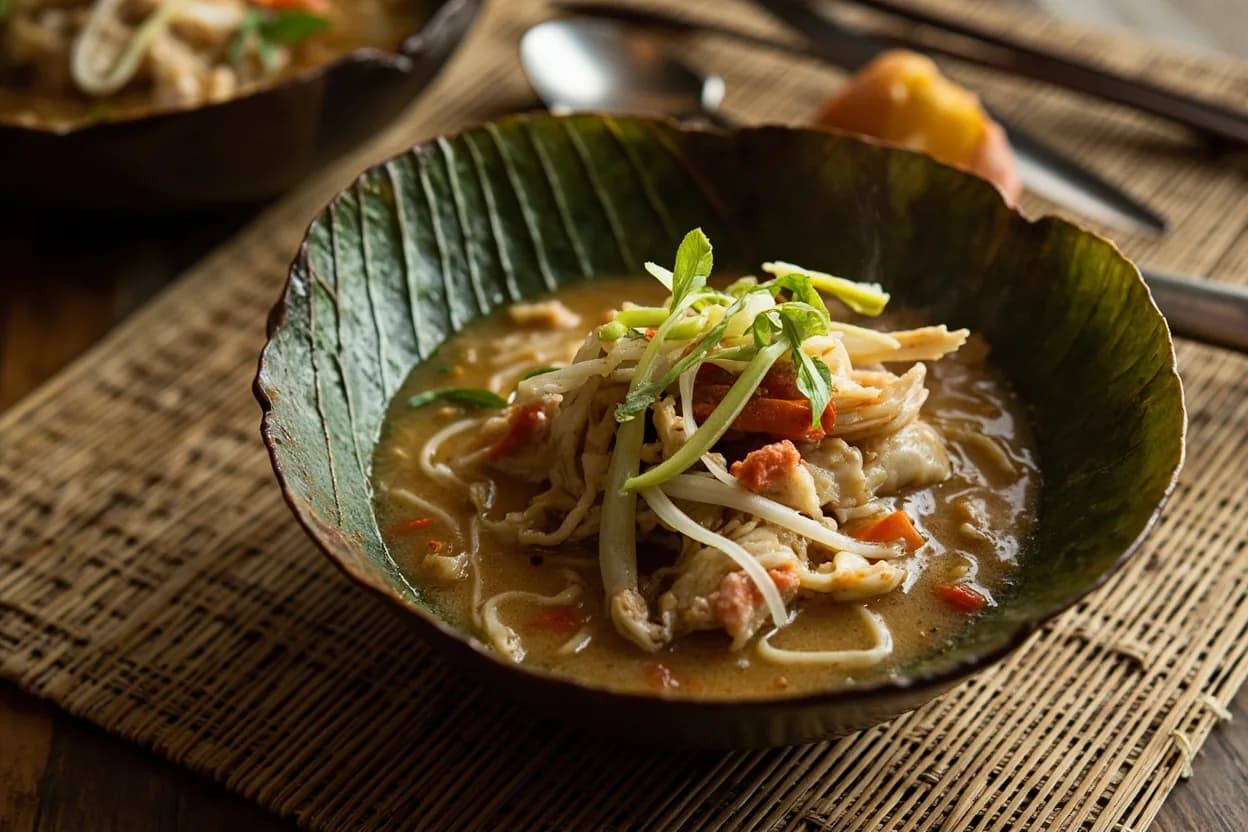 mohinga (catfish noodle soup — the de facto national breakfast dish) — a signature plate from Burmese (Myanmar) cuisine, prepared in the regional style.