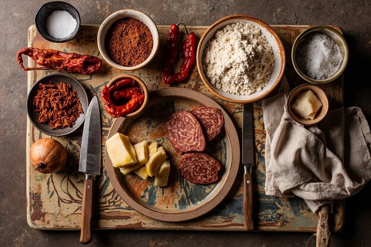 Mise en place for Calabrian: the staple ingredients and key tools of the tradition laid out on the cook's board.