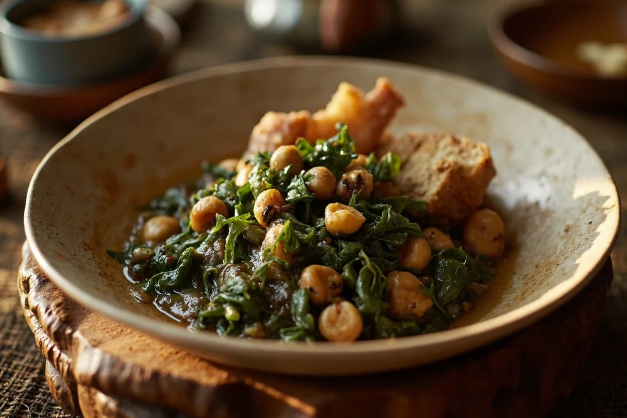 ndolé (bitter leaf stew with groundnuts) — a signature plate from Cameroonian cuisine, prepared in the regional style.