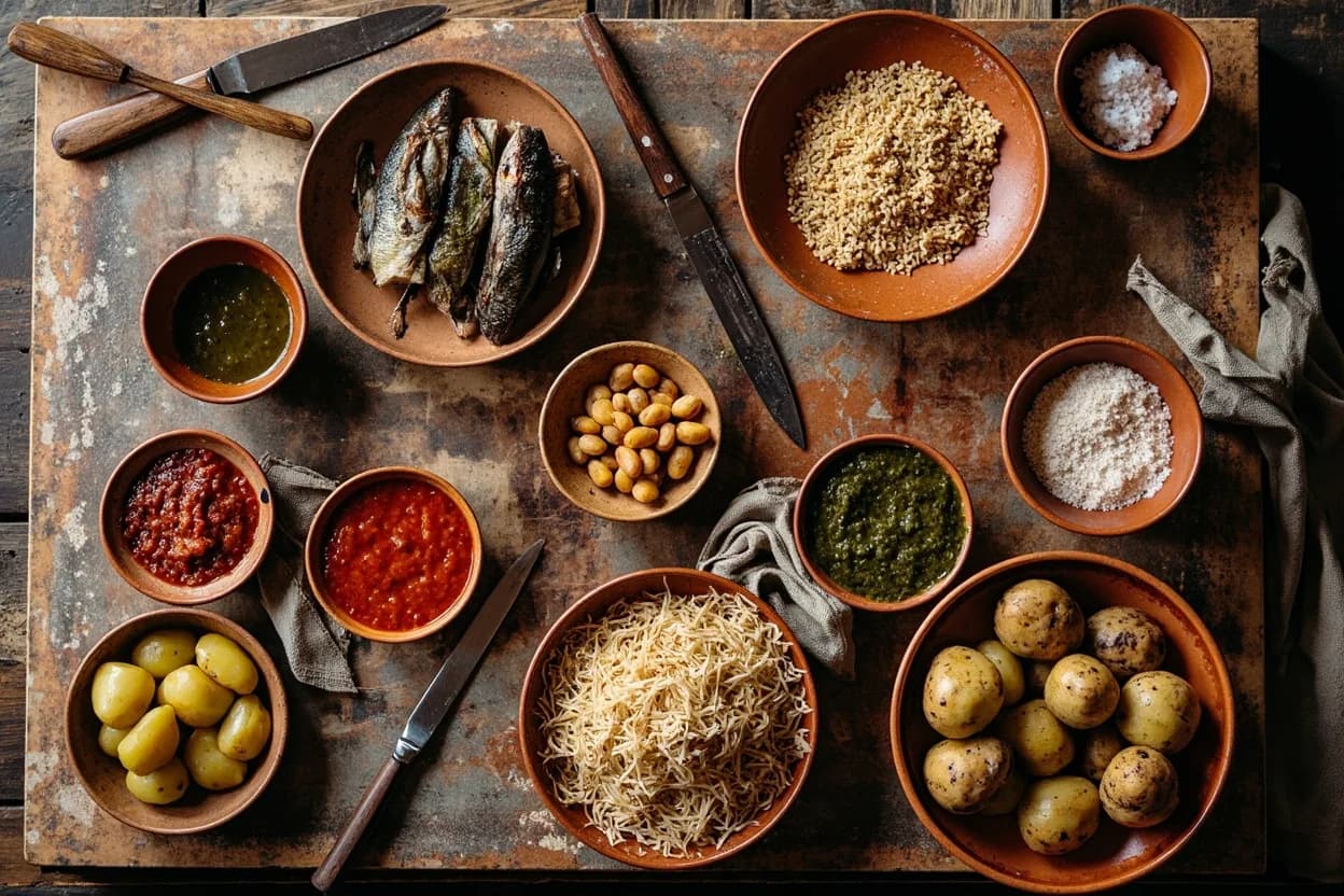 Mise en place for Canarian (Canary Islands): the staple ingredients and key tools of the tradition laid out on the cook's board.