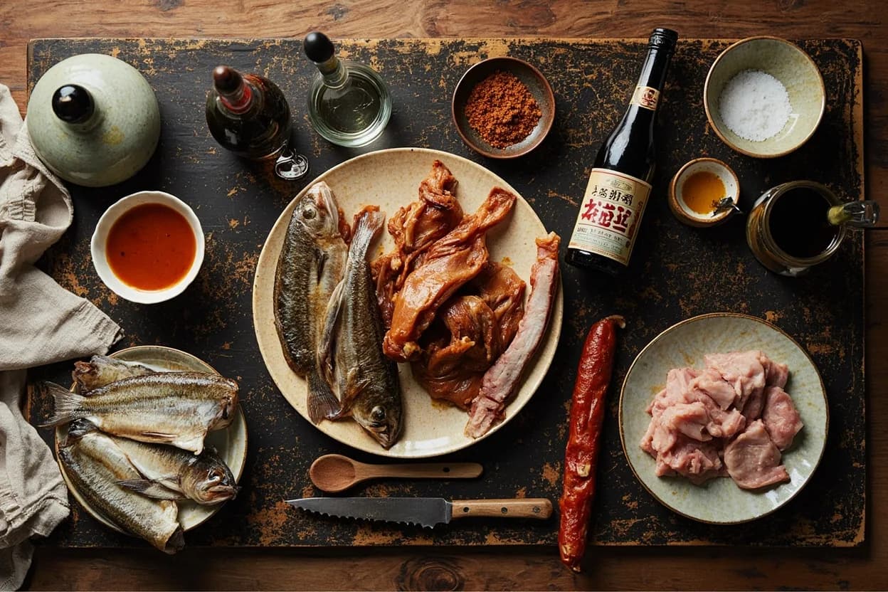 Mise en place for Cantonese: the staple ingredients and key tools of the tradition laid out on the cook's board.