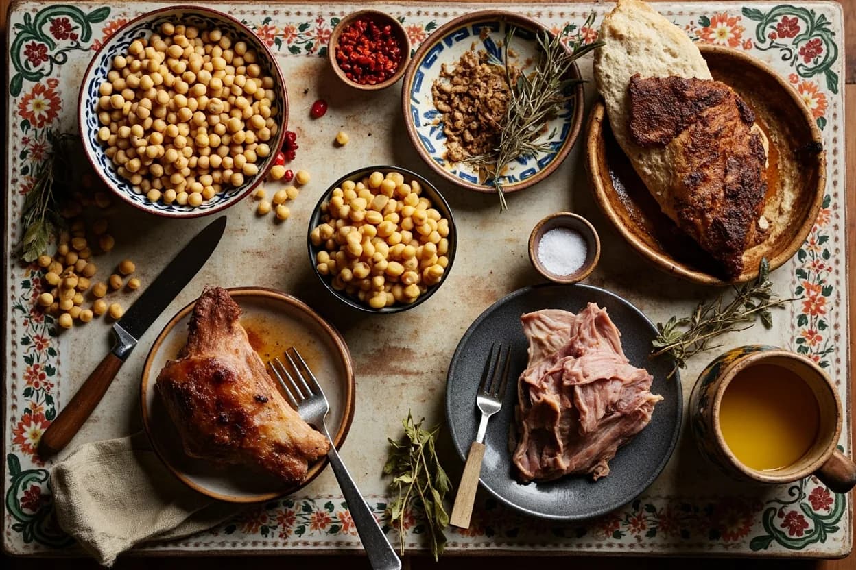 Mise en place for Castilian: the staple ingredients and key tools of the tradition laid out on the cook's board.