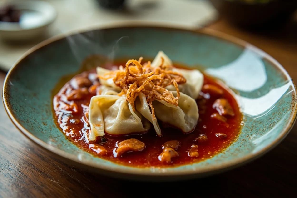 Zhong dumplings (钟水饺) in red oil — a signature plate from Chengdu Street Food (Xiaochi) cuisine, prepared in the regional style.