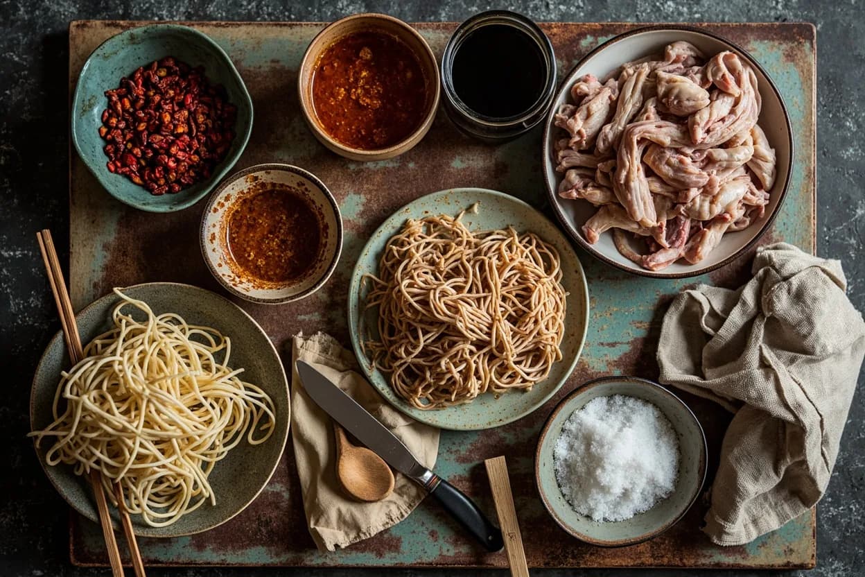 Mise en place for Chengdu Street Food (Xiaochi): the staple ingredients and key tools of the tradition laid out on the cook's board.