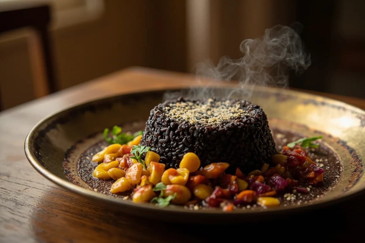 kavuni arisi (black rice pudding) — a signature plate from Chettinad cuisine, prepared in the regional style.