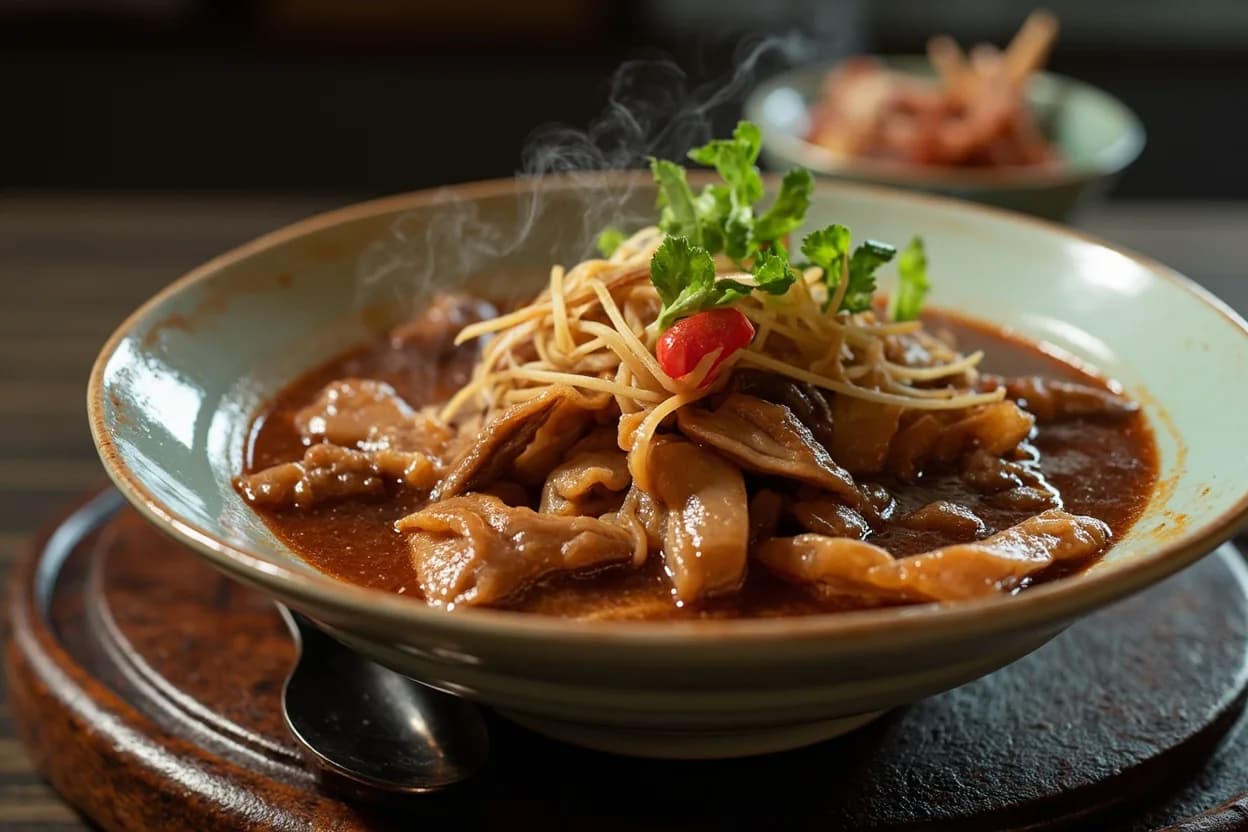beef tripe in mala broth (毛肚火锅) — a signature plate from Chongqing Hot Pot cuisine, prepared in the regional style.