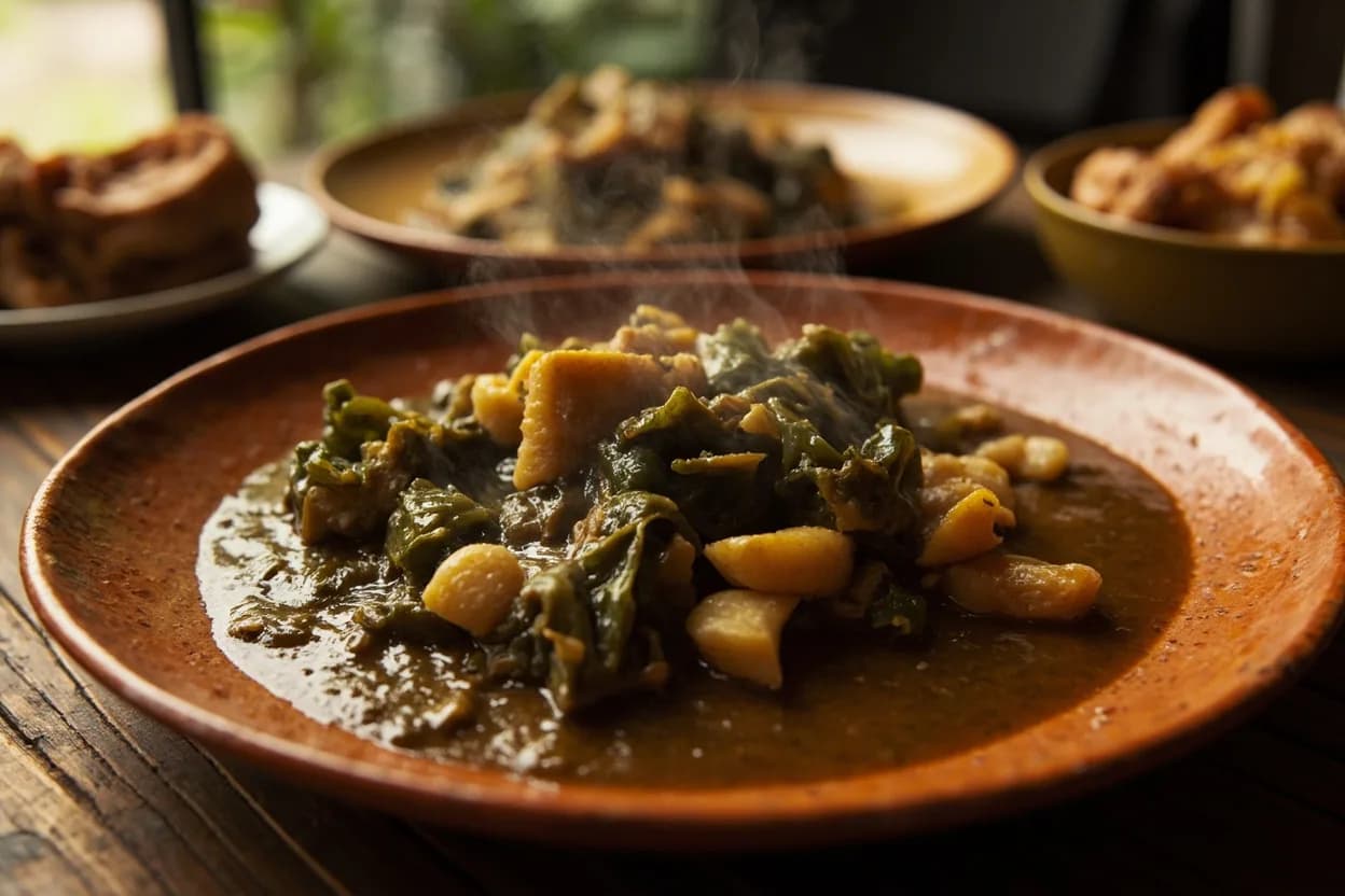 pondu (cassava leaf stew) — a signature plate from Congolese (DRC) cuisine, prepared in the regional style.