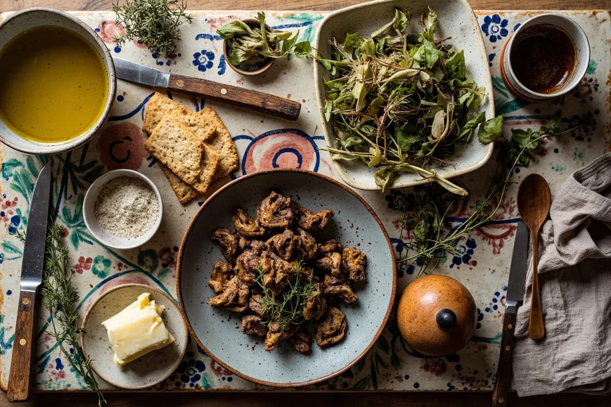Mise en place for Cretan: the staple ingredients and key tools of the tradition laid out on the cook's board.