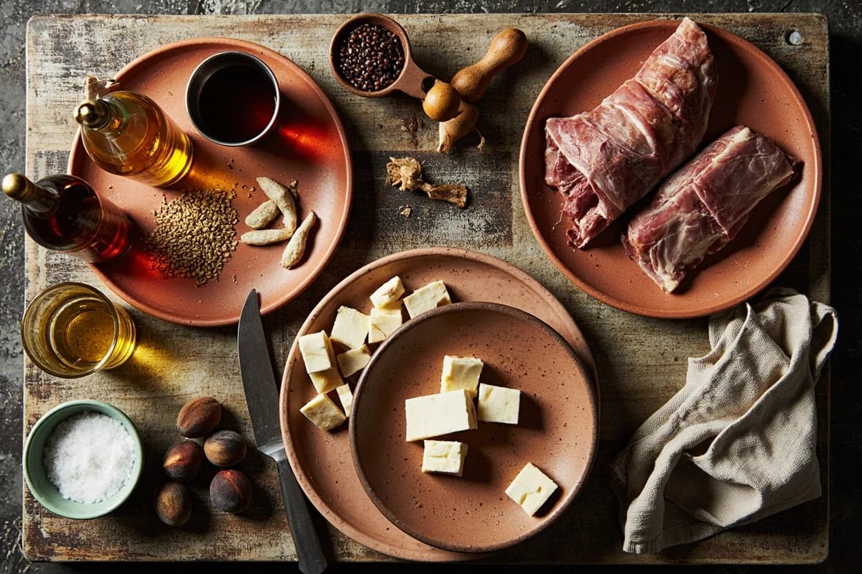 Mise en place for Cypriot: the staple ingredients and key tools of the tradition laid out on the cook's board.