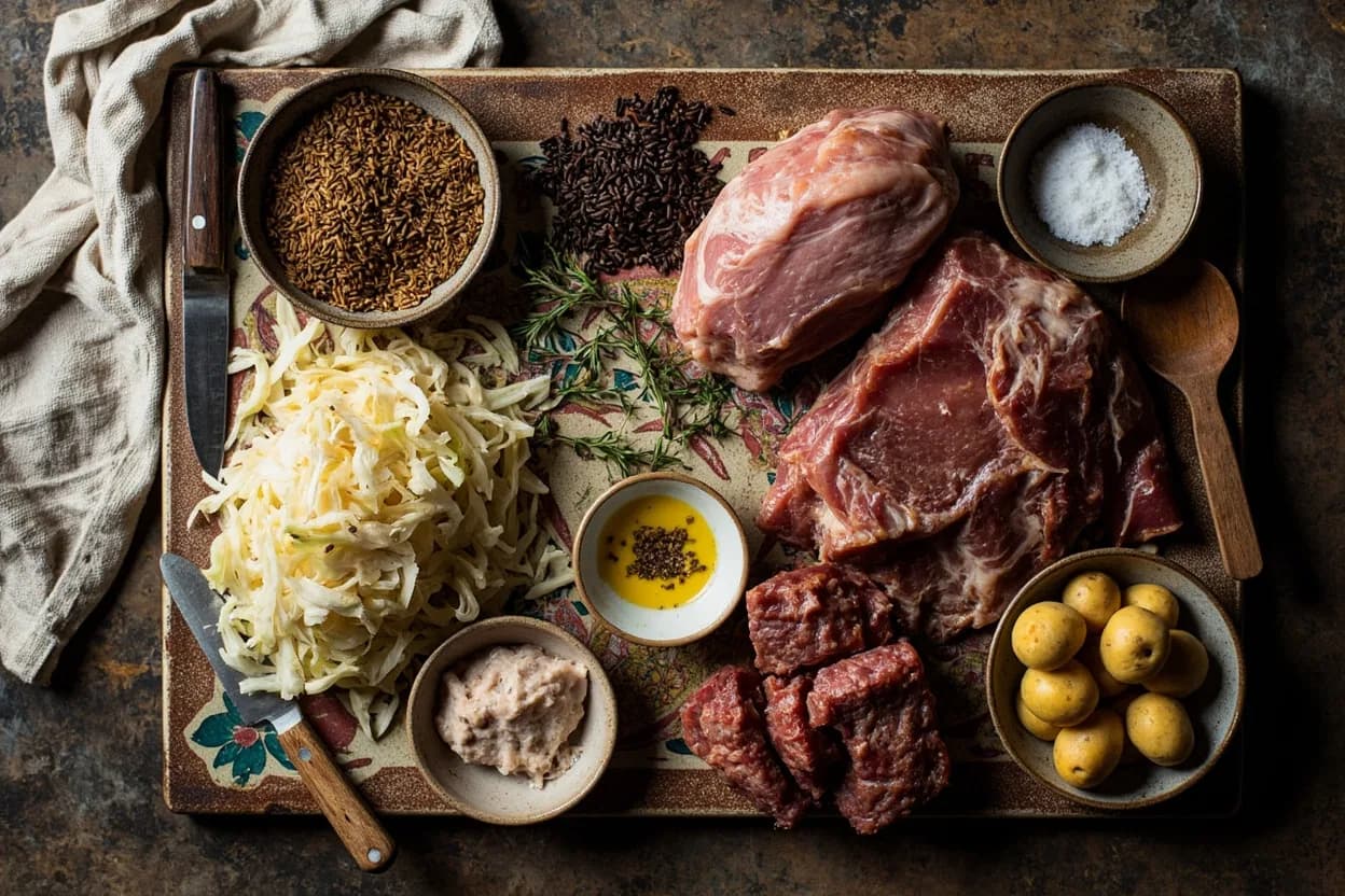 Mise en place for Czech & Slovak: the staple ingredients and key tools of the tradition laid out on the cook's board.