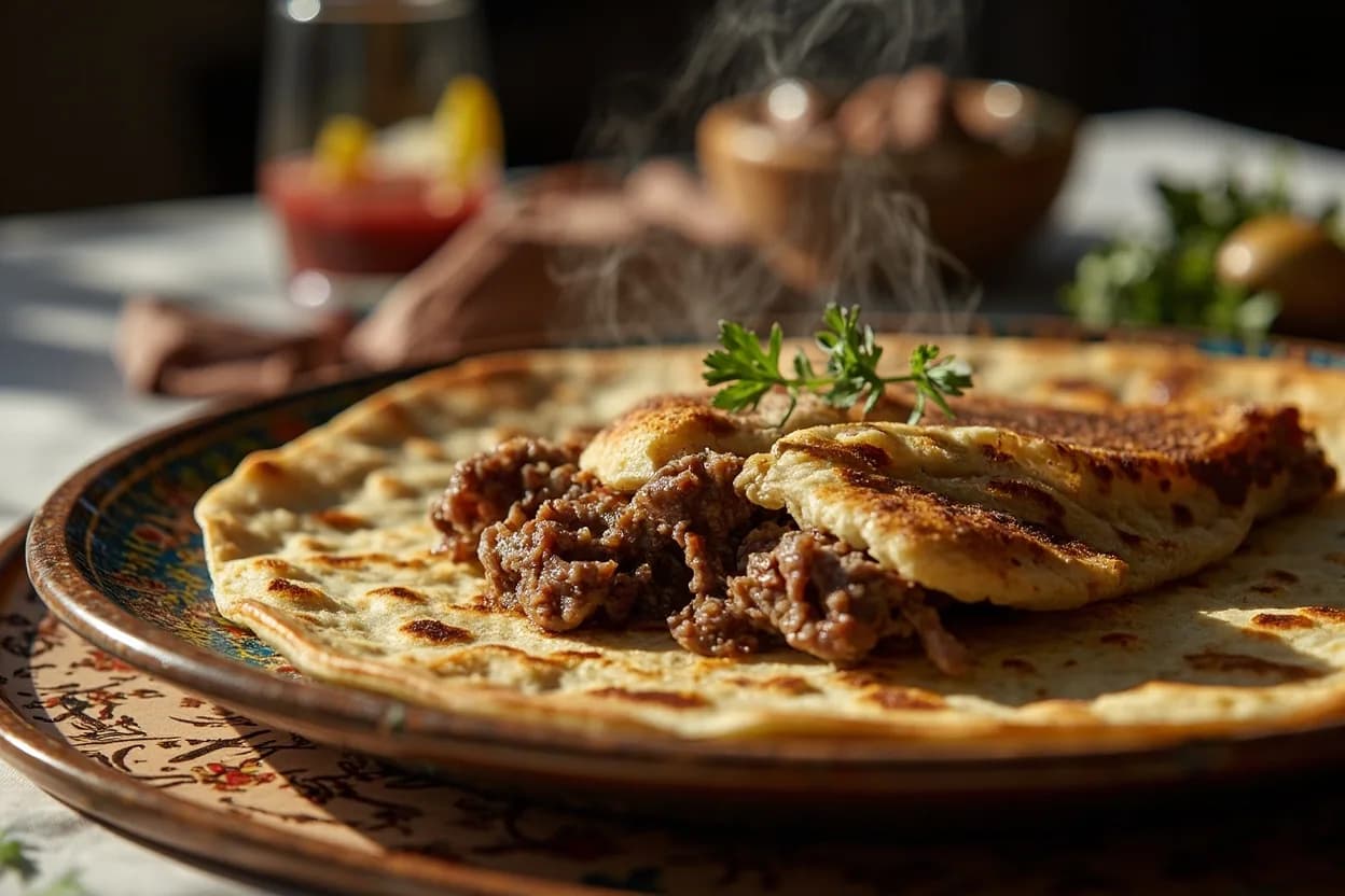 arayes (meat-stuffed grilled flatbread) — a signature plate from Druze cuisine, prepared in the regional style.