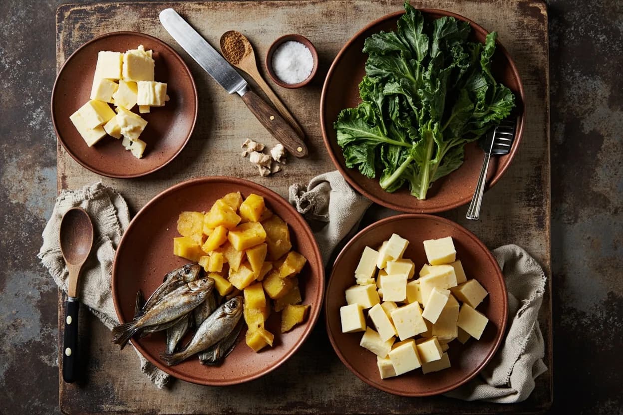Mise en place for Dutch: the staple ingredients and key tools of the tradition laid out on the cook's board.