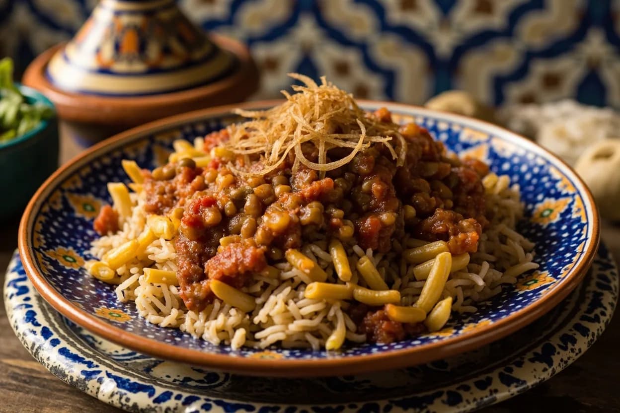 Koshari (lentils, rice, macaroni, crispy onions, tomato-vinegar sauce) — a signature plate from Egyptian (Masri) cuisine, prepared in the regional style.