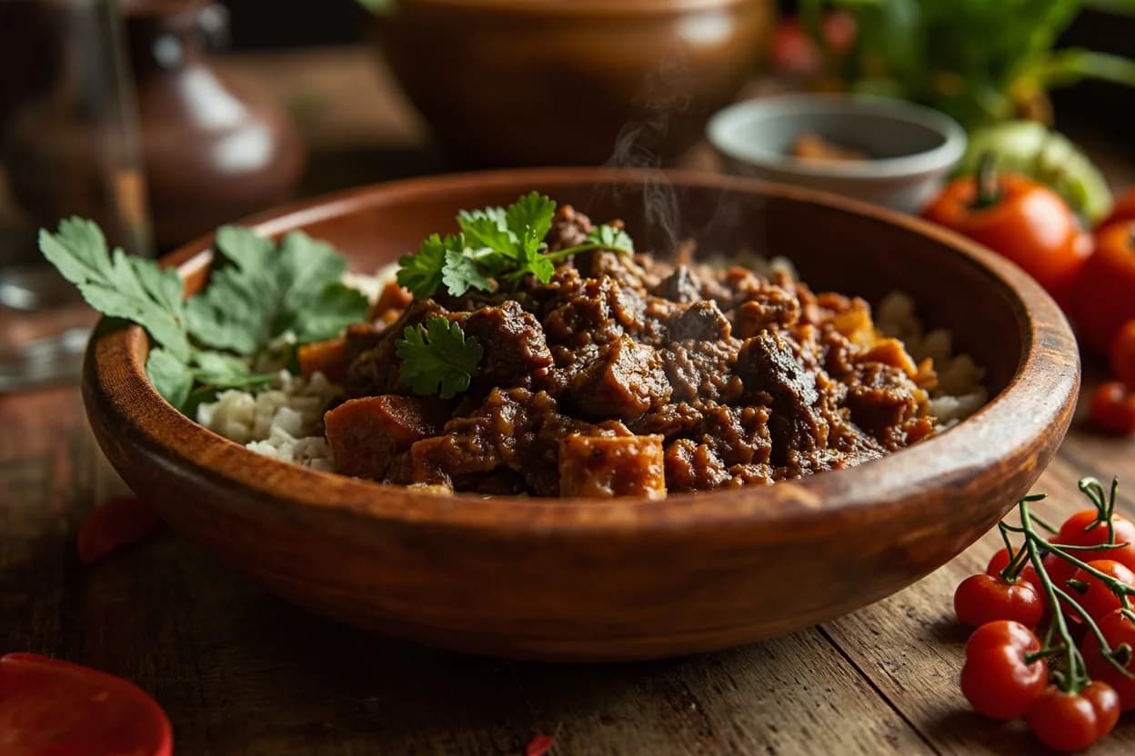 zigni — slow-braised beef in berbere sauce — a signature plate from Eritrean cuisine, prepared in the regional style.