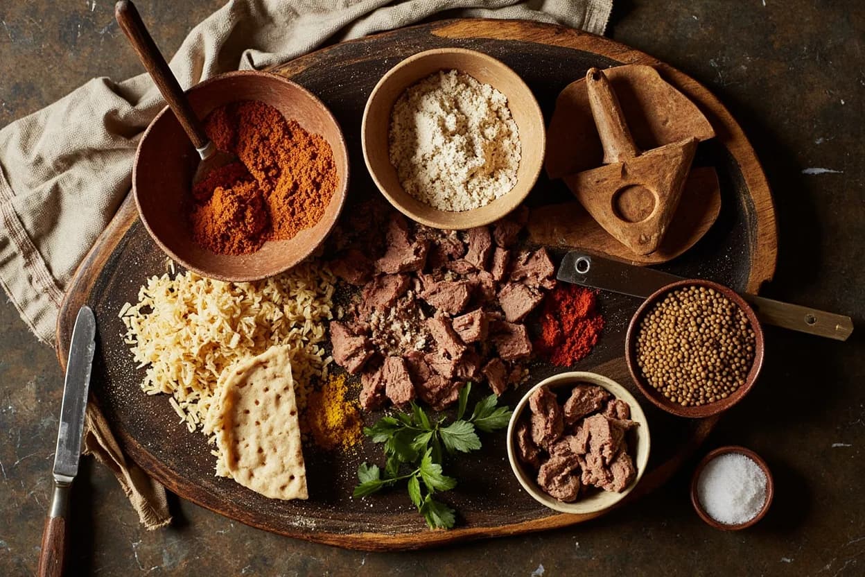 Mise en place for Eritrean: the staple ingredients and key tools of the tradition laid out on the cook's board.