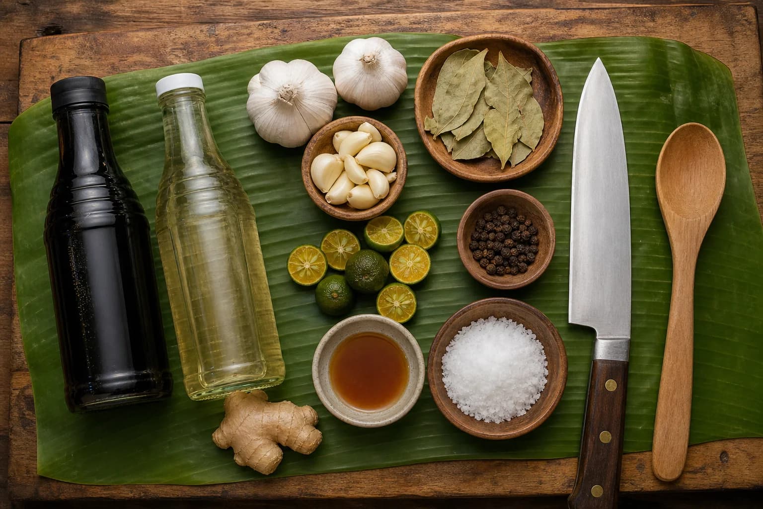 Mise en place for Filipino: the staple ingredients and key tools of the tradition laid out on the cook's board.