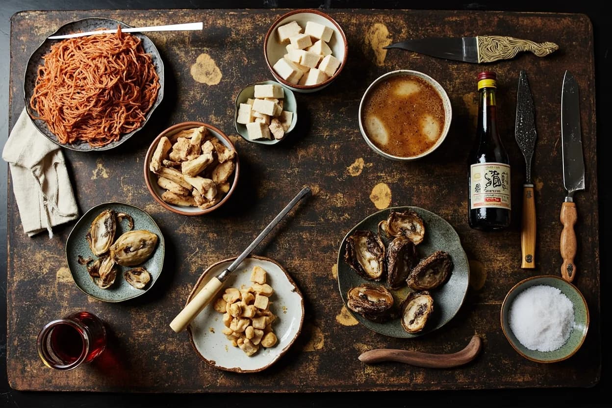 Mise en place for Fujian (Hokkien / Min Cuisine): the staple ingredients and key tools of the tradition laid out on the cook's board.