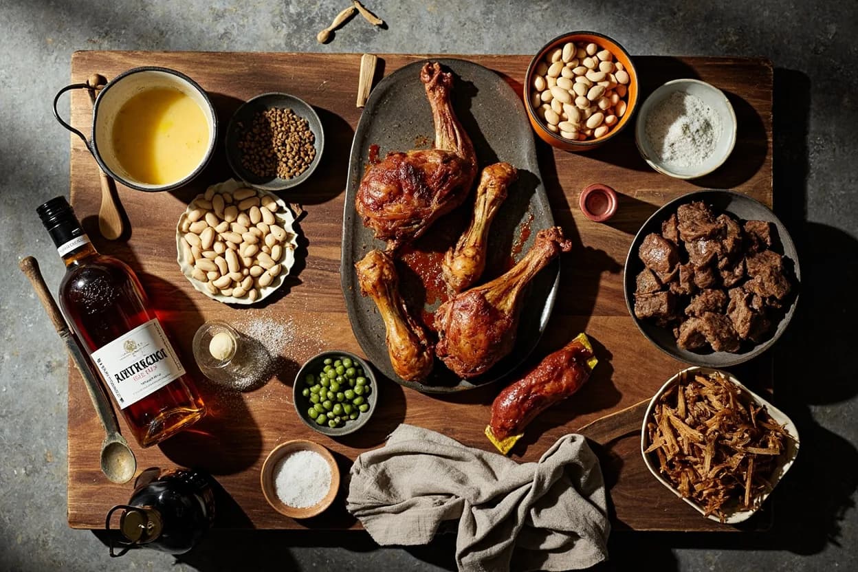 Mise en place for Gascon: the staple ingredients and key tools of the tradition laid out on the cook's board.
