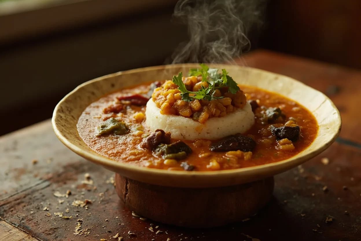 banku with okro soup — a signature plate from Ghanaian cuisine, prepared in the regional style.