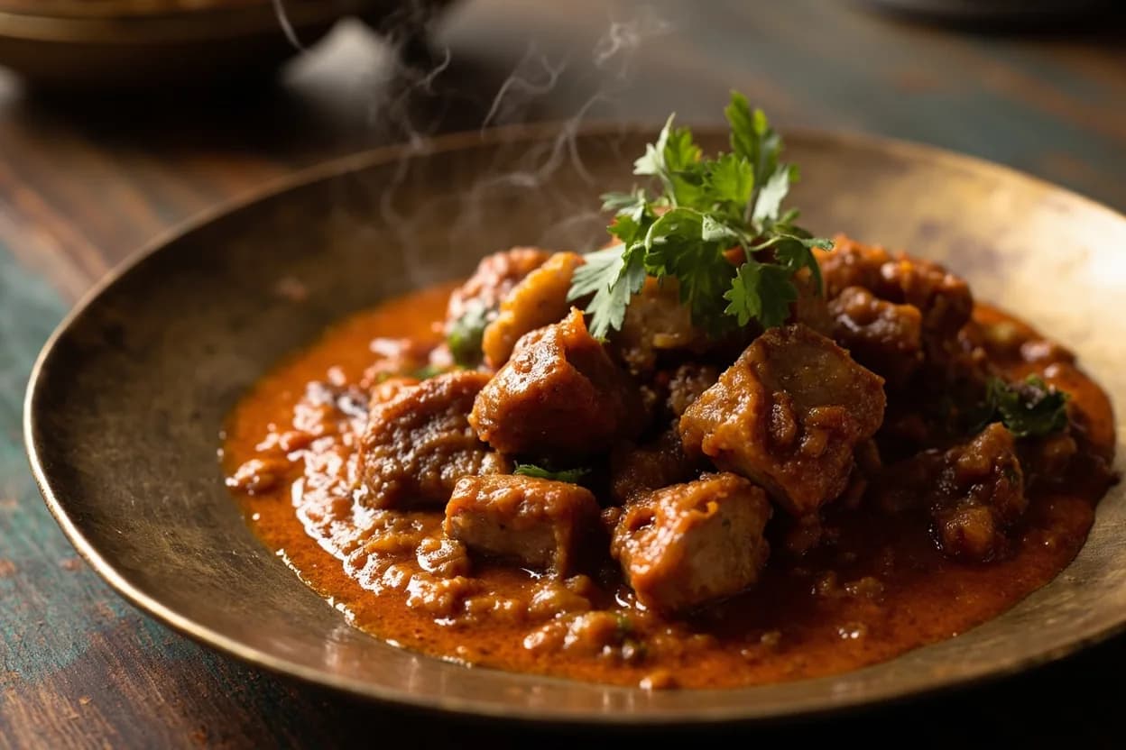 vindaloo (pork in vinegar-chili masala) — a signature plate from Goan cuisine, prepared in the regional style.