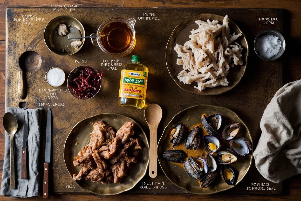 Mise en place for Goan: the staple ingredients and key tools of the tradition laid out on the cook's board.